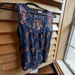 Floral Embroidered Sleeveless Top - Navy